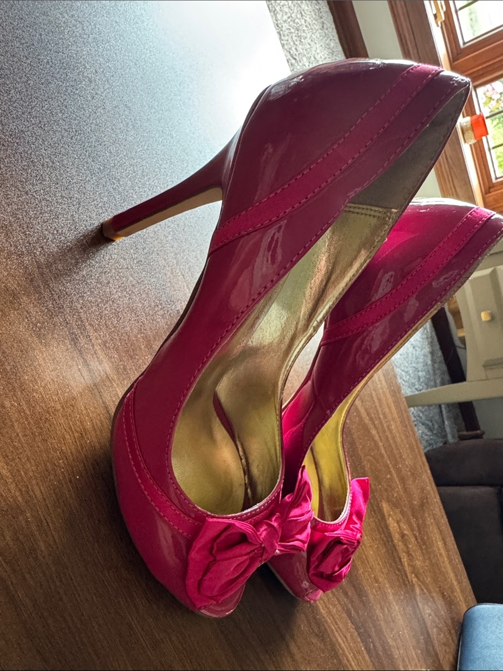 Delicious Hot Pink Patent Peep-Toe Heels with Bow Accent - Picture 2 of 9